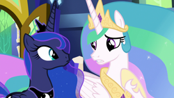 Size: 1920x1080 | Tagged: safe, screencap, princess celestia, princess luna, alicorn, pony, between dark and dawn, duo, ethereal mane, female, mare, royal sisters, siblings, sisters, starry mane, twilight's castle