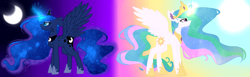 Size: 6625x2033 | Tagged: safe, artist:mediasmile666, princess celestia, princess luna, alicorn, pony, abstract background, cheek fluff, chest fluff, duo, ear fluff, ethereal mane, female, frown, glowing horn, horn, jewelry, mare, moon, regalia, royal sisters, spread wings, starry mane, stars, sun, wings