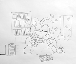 Size: 1697x1440 | Tagged: safe, artist:tjpones, fluttershy, pegasus, pony, bookshelf, clothes, cup, eyes closed, female, food, lineart, mare, misspelling, monochrome, sketch, smiling, solo, sweater, sweatershy, tea, teabag, teacup, traditional art