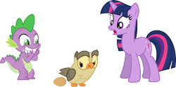 Size: 3553x1747 | Tagged: safe, artist:porygon2z, derpibooru import, owlowiscious, spike, twilight sparkle, dragon, egg, simple background, transparent background, vector