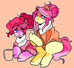 Size: 1280x1180 | Tagged: safe, artist:milky-rabbit, fluttershy, pinkie pie, earth pony, pegasus, pony, clothes, duo, female, hair bun, mare, mug, scarf, simple background, sitting, sweater, sweatershy, unshorn fetlocks