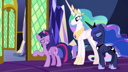 Size: 1920x1080 | Tagged: safe, screencap, princess celestia, princess luna, twilight sparkle, twilight sparkle (alicorn), alicorn, pony, between dark and dawn, ethereal mane, eyes closed, female, mare, raised hoof, royal sisters, throne room, trio