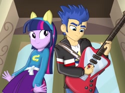 Size: 2732x2048 | Tagged: safe, artist:skyfallerart, flash sentry, twilight sparkle, equestria girls, female, flashlight, guitar, humanized, male, shipping, straight