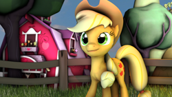 Size: 1024x576 | Tagged: safe, artist:vonklerks, applejack, earth pony, pony, 3d, barn, fence, solo, source filmmaker, sweet apple acres, tree