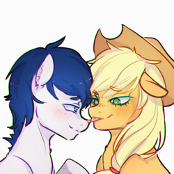 Size: 1386x1387 | Tagged: safe, artist:co11on-art, applejack, oc, oc:constance everheart, earth pony, pony, blushing, canon x oc, everjack, shipping, tongue out