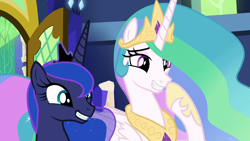 Size: 1920x1080 | Tagged: safe, screencap, princess celestia, princess luna, alicorn, pony, between dark and dawn, boop, cute, cutelestia, female, lunabetes, mare, royal sisters, self-boop, siblings, sisters, smiling, twilight's castle