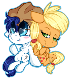 Size: 1024x1111 | Tagged: safe, artist:mdragonflame, applejack, oc, oc:constance everheart, earth pony, pony, big eyes, blushing, canon x oc, chibi, everjack, shipping