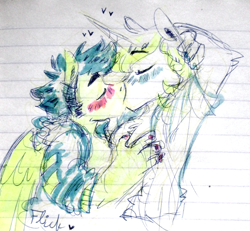 Size: 938x867 | Tagged: safe, artist:artflicker, flash sentry, prince blueblood, anthro, bluesentry, blushing, crack shipping, gay, heart, kissing, lined paper, male, shipping, traditional art