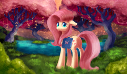 Size: 1700x1000 | Tagged: safe, artist:dumddeer, fluttershy, pegasus, pony, female, forest, looking at you, saddle bag, scenery, solo, tree, water