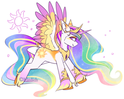 Size: 2250x1800 | Tagged: safe, artist:mediasmile666, edit, part of a set, princess celestia, alicorn, pony, coat markings, colored wings, cropped, ethereal mane, female, greaves, jewelry, lidded eyes, looking at you, mare, rainbow power, rainbow power-ified, redesign, regalia, sidemouth, simple background, smiling, solo, spread wings, starry mane, starry wings, sun, tail feathers, unshorn fetlocks, white background, wings