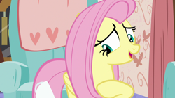 Size: 1280x720 | Tagged: safe, screencap, fluttershy, pegasus, pony, discordant harmony, cup, cute, female, mare, open mouth, raised hoof, shyabetes, solo, teacup