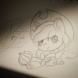 Size: 591x590 | Tagged: safe, artist:brunyee, artist:mesotofu, applejack, earth pony, pony, apple, chibi, cute, cutie mark, drawing, food, happy, pencil, pencil drawing, sitting, solo, traditional art