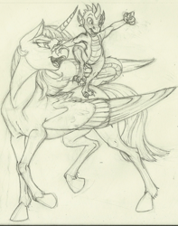 Size: 1078x1370 | Tagged: safe, artist:skybounddeos, derpibooru import, spike, twilight sparkle, twilight sparkle (alicorn), alicorn, dragon, pony, dragons riding ponies, duo, female, male, mare, monochrome, riding, semi-realistic, sketch, traditional art