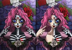 Size: 3200x2222 | Tagged: safe, artist:mauroz, pinkie pie, human, clothes, dia de los muertos, face paint, humanized, looking at you, pinkamena diane pie, smiling, solo