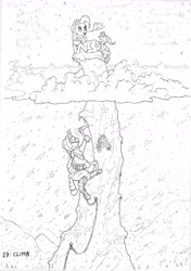 Size: 1200x1708 | Tagged: safe, artist:gor1ck, pinkie pie, earth pony, pony, climbing, cloud, cup, cupcake, food, hammer, ice ax, monochrome, rope, snow, snowfall, teacup, traditional art