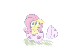 Size: 1200x900 | Tagged: safe, artist:heir-of-rick, fluttershy, pegasus, pony, blush sticker, blushing, colored sketch, cute, egg, female, floppy ears, hatchling, mare, shyabetes, simple background, solo, white background