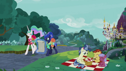 Size: 1920x1080 | Tagged: safe, screencap, bon bon, gooseberry, hyper sonic, lemon crumble, princess celestia, princess luna, sweetie drops, alicorn, pony, between dark and dawn, candy wave, canterlot, canterlot castle, colt, female, foal, friendship student, male, map, picnic blanket, scenery, tree