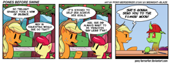 Size: 2250x825 | Tagged: safe, artist:pony-berserker, apple bloom, applejack, oc, oc:berzie, changedling, changeling, earth pony, pony, changedling oc, changeling oc, comic, cowboy hat, dialogue, hat, parody, pearls before swine, pun, speech bubble, stetson, sweet apple acres, tree