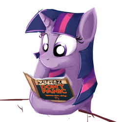 Size: 800x800 | Tagged: safe, artist:cheshiresdesires, derpibooru import, twilight sparkle, book, don't panic, hitchhiker's guide to the galaxy, reading, solo