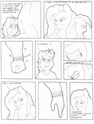 Size: 973x1280 | Tagged: safe, artist:zacharyisaacs, fluttershy, oc, anthro, pegasus, unicorn, angry, anthro oc, bangles, breasts, clenched fist, clothes, crying, dialogue, duo, female, fist, forgiveness, gritted teeth, hootershy, jewelry, male, mare, monochrome, muscles, muscleshy, simple background, size difference, stallion, story included, tumblr comic, white background