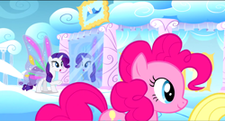 Size: 1360x730 | Tagged: safe, screencap, applejack, pinkie pie, earth pony, pony, sonic rainboom (episode), cloudsdale, glimmer wings, mirror