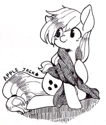 Size: 868x1024 | Tagged: safe, artist:yukimaki, applejack, earth pony, pony, blanket, grayscale, monochrome, solo