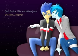 Size: 1600x1163 | Tagged: safe, artist:supermaxx92, flash sentry, thunderbass, equestria girls, better than canon, couple, dialogue, gay, male, rocker, romance, shipping, thunderflash