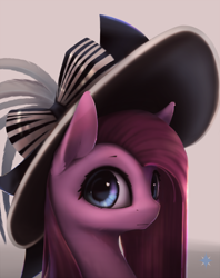 Size: 1046x1321 | Tagged: dead source, safe, artist:noctilucent-arts, pinkie pie, earth pony, pony, beautiful, bust, cute, cuteamena, female, hat, looking at you, mare, pinkamena diane pie, solo