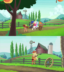 Size: 1920x2160 | Tagged: safe, screencap, applejack, princess celestia, princess luna, pony, between dark and dawn, equestria girls, friendship through the ages, background pony, banjo, barn, coincidence, comparison, female, guitar, male, musical instrument, path, tree, wagon