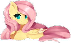 Size: 961x584 | Tagged: safe, artist:bebeuru, fluttershy, pegasus, pony, cute, folded wings, looking at you, looking sideways, outline, prone, shyabetes, simple background, smiling, solo, sticker, transparent background, wings