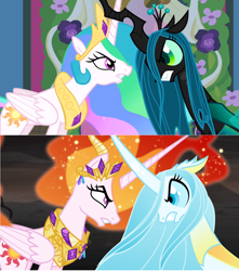 Size: 1280x1445 | Tagged: safe, artist:orin331, edit, edited screencap, screencap, nightmare star, princess celestia, queen chrysalis, alicorn, changedling, changeling, changeling queen, pony, a canterlot wedding, the cutie re-mark, to where and back again, absurd resolution, alternate timeline, alternate universe, ashlands timeline, barren, evil, female, good, implied genocide, mane of fire, post-apocalyptic, purified chrysalis, role reversal, wasteland