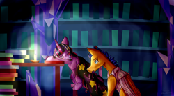 Size: 1024x569 | Tagged: safe, artist:loladotz, flash sentry, twilight sparkle, twilight sparkle (alicorn), alicorn, pony, cute, female, flashlight, library, male, older, shipping, sleeping, straight