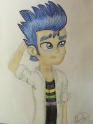 Size: 2448x3264 | Tagged: safe, artist:shabrina025, flash sentry, equestria girls, adrien agreste, chat noir, clothes, crayon drawing, crossover, frown, miraculous ladybug, raised eyebrow, redraw, solo, traditional art