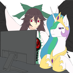 Size: 3500x3500 | Tagged: safe, edit, princess celestia, alicorn, pony, bow, computer, crossover, crown, desk, hoof shoes, jewelry, reaction image, regalia, reiuji utsuho, stare, sun god, touhou, unimpressed, wings