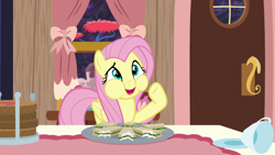 Size: 1280x720 | Tagged: safe, screencap, fluttershy, pegasus, pony, discordant harmony, chubby cheeks, cute, female, food, mare, open mouth, sandwich, shyabetes, smiling, solo