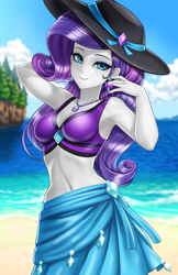 Size: 800x1237 | Tagged: safe, artist:racoonsan, color edit, edit, editor:drakeyc, rarity, better together, equestria girls, forgotten friendship, arm behind head, armpits, beach, beach babe, beautiful, belly button, breasts, clothes, cloud, colored, ear piercing, earring, female, geode of shielding, hat, jewelry, looking at you, magical geodes, midriff, nail polish, necklace, piercing, sarong, sexy, skin color edit, sky, smiling, solo, stupid sexy rarity, sun hat, swimsuit, water