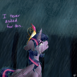 Size: 1000x1000 | Tagged: safe, artist:peaceouttopizza23, derpibooru import, twilight sparkle, twilight sparkle (alicorn), alicorn, pony, alicorn drama, crown, crying, drama, female, i never asked for this, immortality blues, mare, rain, solo, truth