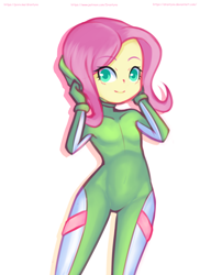 Size: 1152x1584 | Tagged: safe, artist:drantyno, fluttershy, equestria girls, breasts, diving suit, female, hood, hooded wetsuit, looking at you, simple background, small breasts, smiling, solo, wetsuit