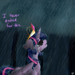 Size: 1000x1000 | Tagged: safe, artist:peaceouttopizza23, derpibooru import, edit, twilight sparkle, twilight sparkle (alicorn), alicorn, pony, alicorn drama, crown, crying, deus ex, deus ex: human revolution, drama, female, i never asked for this, mare, rain, solo, truth