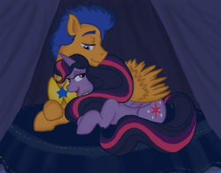 Size: 1643x1280 | Tagged: safe, artist:doodlinjaz, flash sentry, twilight sparkle, twilight sparkle (alicorn), alicorn, pony, alternate hairstyle, armor, curtains, female, flashlight, male, pillow, shipping, snuggling, straight