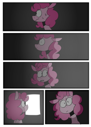 Size: 1024x1432 | Tagged: safe, artist:brownmota, pinkie pie, pony, comic:everyone laugh, comic, female, looking at you, looking back, open mouth, solo, sweat