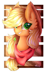 Size: 1046x1565 | Tagged: safe, artist:cloud-drawings, applejack, earth pony, pony, bandana, clothes, cowboy hat, female, freckles, hat, haystick, mare, signature, smiling, solo, speedpaint, stetson