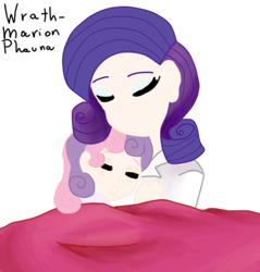 Size: 443x463 | Tagged: safe, artist:wrath-marionphauna, rarity, sweetie belle, human, equestria girls, blanket, clothes, digital art, eyes closed, humanized, makeup, mama rarity, open mouth, simple background, sleeping