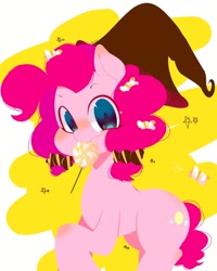 Size: 1024x1280 | Tagged: safe, artist:koto, pinkie pie, earth pony, pony, blushing, candy, female, food, hat, looking at you, mare, mouth hold, solo, witch hat