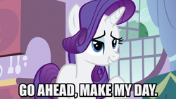 Size: 1280x720 | Tagged: safe, edit, edited screencap, editor:jaredking203, screencap, rarity, pony, unicorn, spike at your service, caption, clint eastwood, female, image macro, mare, meme, movie reference, solo, sudden impact, text