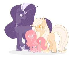 Size: 902x715 | Tagged: safe, artist:unoriginai, applejack, nightmare rarity, rarity, oc, earth pony, pony, unicorn, colored pupils, family, female, freckles, jewelry, lesbian, limited palette, long horn, long mane, long tail, looking at each other, looking up, magical lesbian spawn, missing accessory, missing cutie mark, nightmare rarijack, offspring, parent:applejack, parent:nightmare rarity, parent:rarity, parents:rarijack, raised hoof, rarijack, regalia, shadow, shipping, simple background, size difference, smiling, transparent background