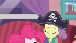 Size: 1920x1080 | Tagged: safe, screencap, lily pad (equestria girls), pinkie pie, better together, equestria girls, pinkie sitting, out of context, young