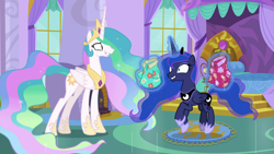 Size: 1920x1080 | Tagged: safe, screencap, princess celestia, princess luna, alicorn, pony, between dark and dawn, bedroom, canterlot castle, clothes, cropped, crown, cute, didn't see that comin', duo, ethereal mane, ethereal tail, excited, faic, fake smile, female, flowing mane, flowing tail, folded wings, hawaiian shirt, hoof shoes, jewelry, levitation, lip bite, lunabetes, magic, mare, prancing, princess celestia's bedroom, regalia, royal sisters, shirt, shrunken pupils, siblings, sisters, telekinesis, trotting, trotting in place, unsure, wings