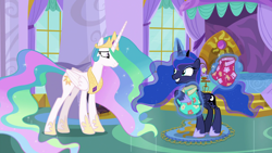 Size: 1920x1080 | Tagged: safe, screencap, princess celestia, princess luna, alicorn, pony, between dark and dawn, clothes, hawaiian shirt, magic, shirt