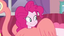 Size: 1277x719 | Tagged: safe, screencap, pinkie pie, flamingo, better together, equestria girls, pinkie sitting, clothes, costume, cute, diapinkes, smiling